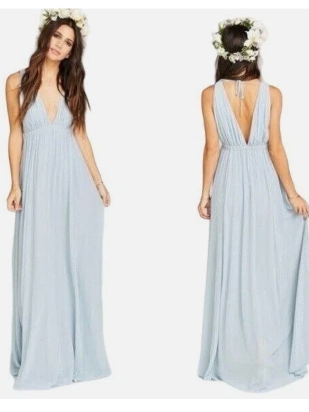 Show Me Your MuMu Pale Blue Plunging Halter Maxi Dress Bridesmaid Formal romanti